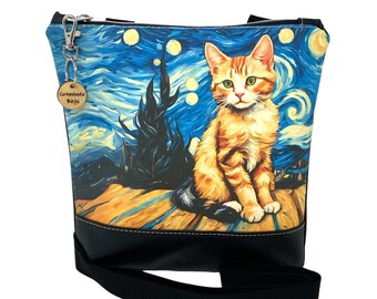 Van Gogh Cat Fantasy Art, Cute Crossbody Handbag, Shoulder Bag, Gift for Girlfriend, Gift for Cat Lovers, Christmas Gift, Funny Cat Art