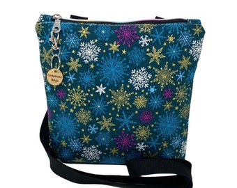 Christmas Stars & Snowflakes Crossbody Handbag, Shoulder Bag, Holiday Bag, Christmas Gift, Xmas, Festive Bag, Gift for Her, Christmas Party