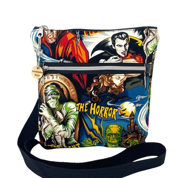 Hollywood Horror Monster Movies Double Zip Crossbody Handbag, Shoulder Bag, Gift for Girlfriend, Goth Bag, Horror Lovers Gift, Halloween