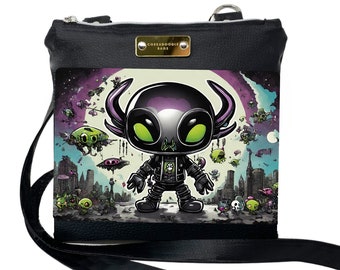 Alien Invasion Cartoon Crossbody Handbag, Shoulder Bag, Sci-Fi Lovers Bag