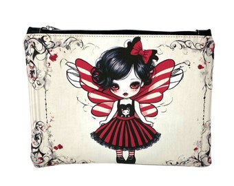 Red and Black Rockabilly Fairy Cosmetics Bag, Wash Bag, Handbag Organiser, Travel Bag, Passport Holder, Stocking Filler, Gift for Friend