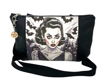 Rockabilly Bat Girl Gothic Fantasy Art, Crossbody Handbag, Shoulder Bag, Gift for Girlfriend, Goth Bag, Goth Gift, Christmas Gift