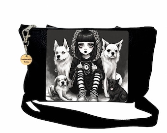 Cute Goth Girl with Dogs Art Crossbody Handbag, Shoulder Bag, Gift for Friend Girlfriend, Cute Bag, Dog Lovers Gift, Xmas Gift