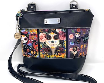 Day of the Dead Girl Cat Mexican Party Crossbody Handbag, Skeleton Purse, Goth Bag, Goth Gift, Mexican Fiesta, Gift for Friend, Halloween