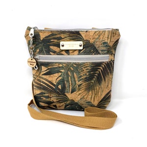 Cork Leather Jungle Leaves Vegan Eco Friendly Crossbody Handbag, Gift for Her, Cork Purse, Vegan Leather, Green Ideas, Summer Bag