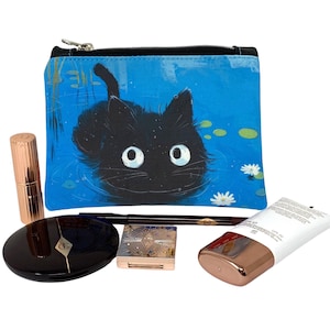 Trousse de toilette Chat dans un étang, Trousse de maquillage, Petite pochette, Pochette zippée, Cadeau pour elle, Fête des Mères, Organiseur de sac à main