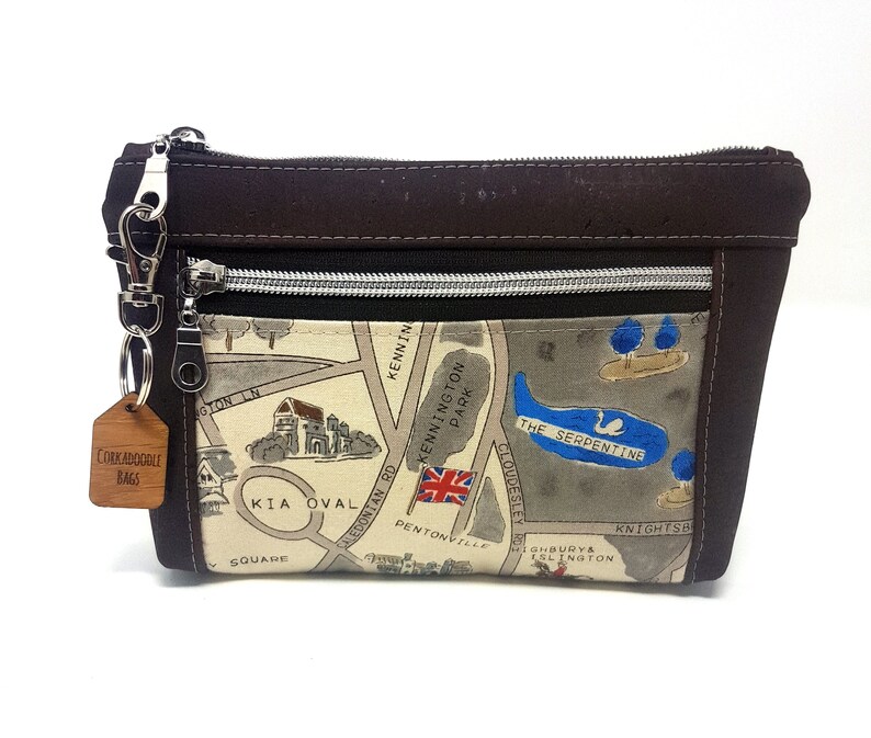 Zip Pouch Vegan Leather London Map /& Cork Leather Double Zip Purse Cork Purse British Theme Gift Green Ideas Gift for Her