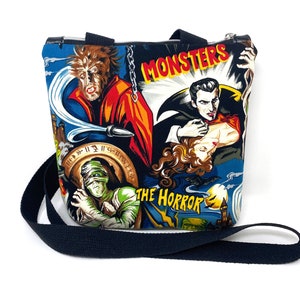 Hollywood Horror Monster Movies Double Zip Crossbody Handbag, Shoulder Bag, Gift for Girlfriend, Goth Bag, Horror Lovers Gift, Halloween image 3