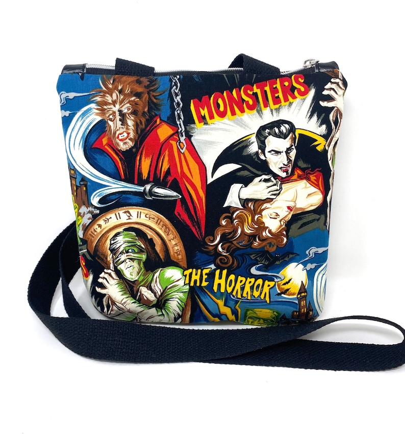 Hollywood Horror Monster Movies Double Zip Crossbody Handbag, Shoulder Bag, Gift for Girlfriend, Goth Bag, Horror Lovers Gift, Halloween image 3