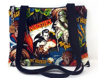 Hollywood Horror Monster Movies Handbag, Shoulder Bag, Goth Bag, Movie Monsters Purse, Halloween