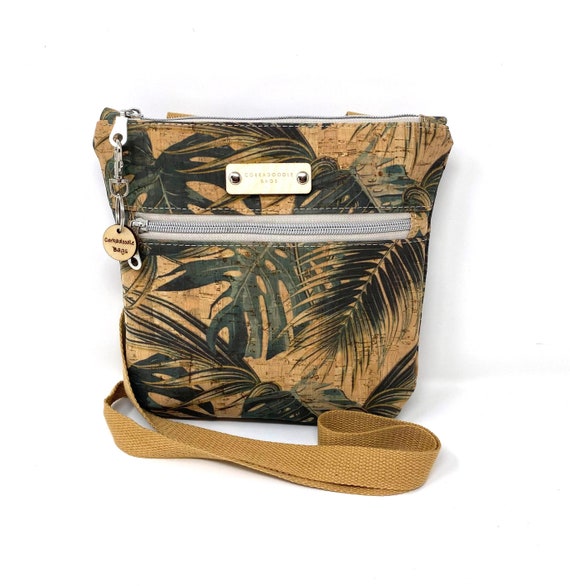 Cork Leather Jungle Leaves Vegan Eco Friendly Crossbody Handbag