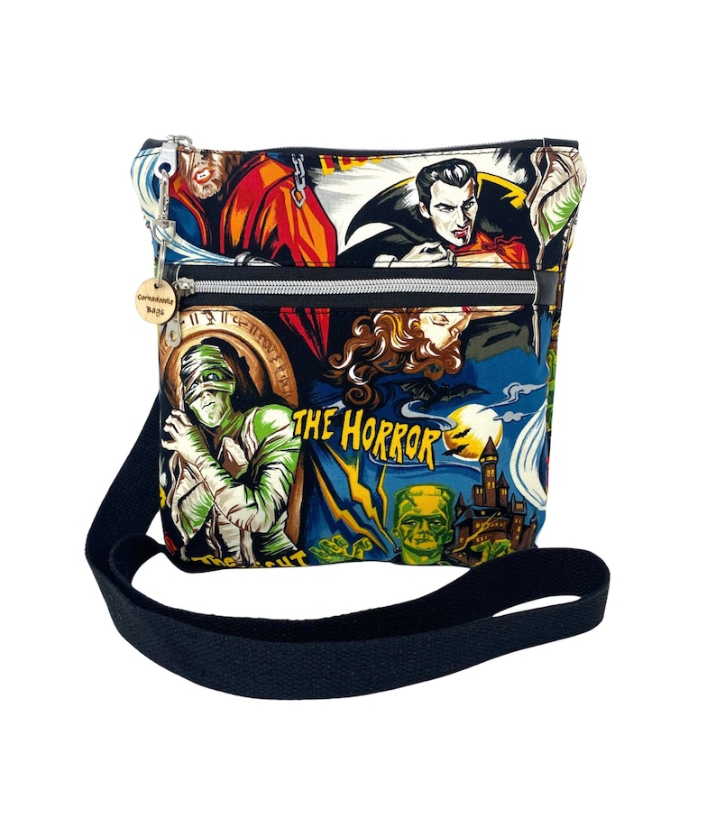 Hollywood Horror Monster Movies Double Zip Crossbody Handbag, Shoulder Bag, Gift for Girlfriend, Goth Bag, Horror Lovers Gift, Halloween image 1