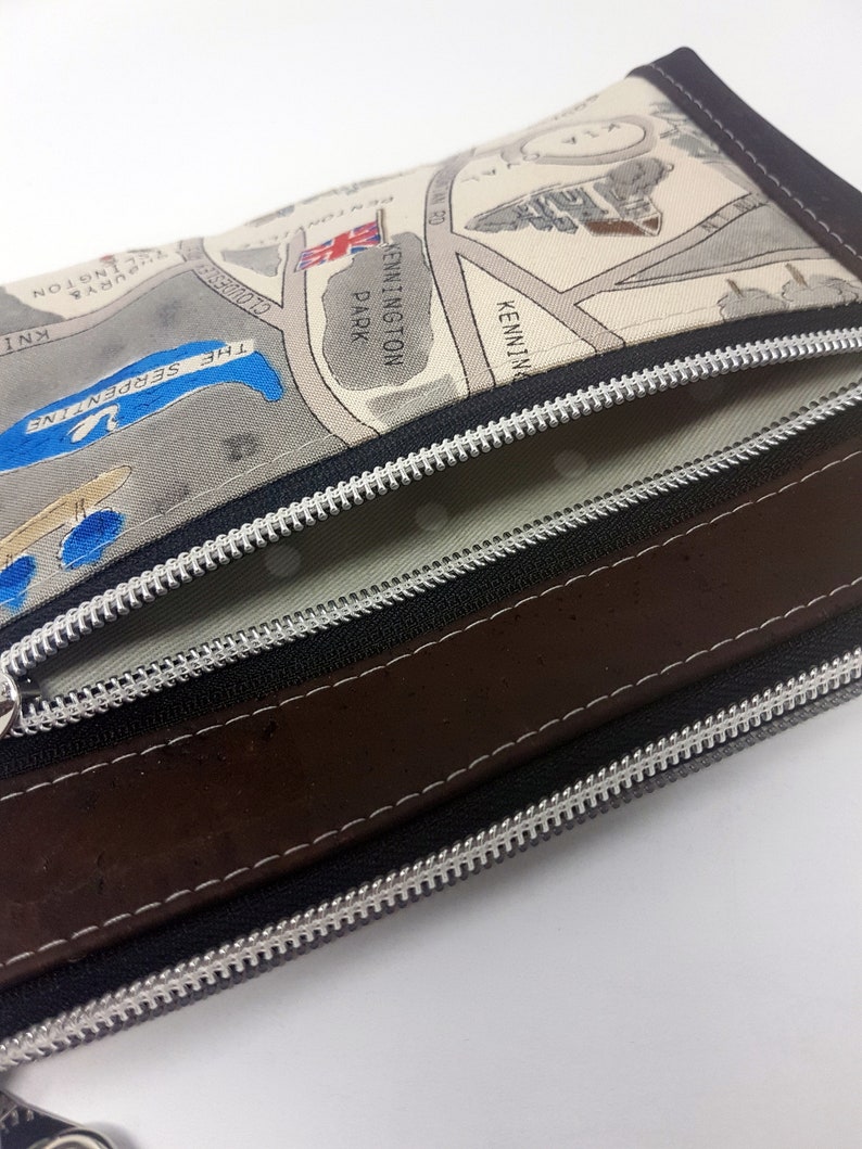 Zip Pouch Vegan Leather London Map /& Cork Leather Double Zip Purse Cork Purse British Theme Gift Green Ideas Gift for Her