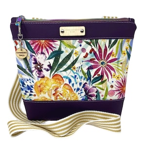 Floral and Purple Faux Leather Crossbody Handbag, Gift for Her, Everyday Bag, Mother&#39;s Day, Birthday Gift, Bag with Flowers