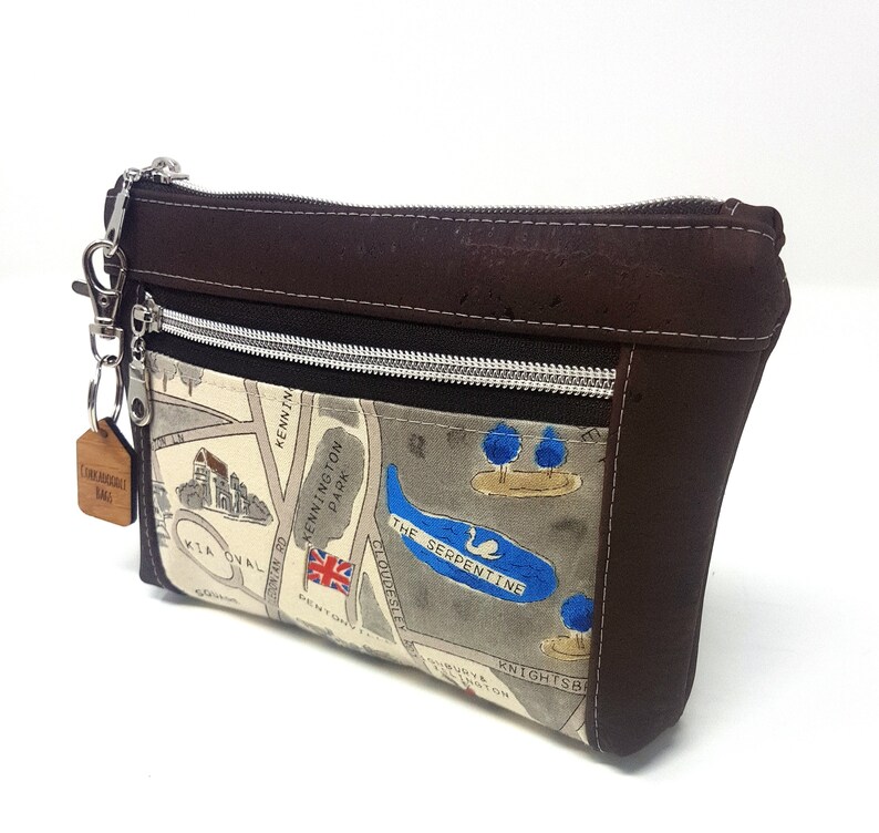 Zip Pouch Vegan Leather London Map /& Cork Leather Double Zip Purse Cork Purse British Theme Gift Green Ideas Gift for Her