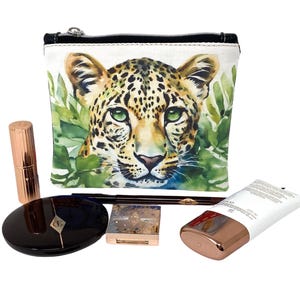 Neceser de leopardo con ojos verdes brillantes, neceser, tarjetero, bolsa con cremallera, regalo para ella, Día de la Madre, organizador de bolsos.