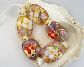 5 Squeezed Golden Floral Beads and 6 Spacers Handmade Lampwork