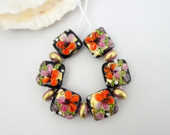 6 Golden Floral Beads and 5 Spacers Handmade Lampwork