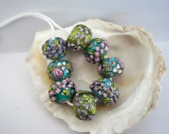 8 Floral Beads Handmade Lampwork