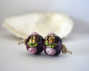 Golden Floral Bead Pair Handmade Lampwork