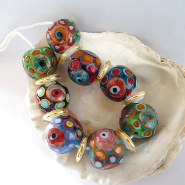 8 Floral Beads and 7 Golden Spacers Handmade Lampwork