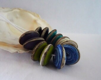 12 Etched Lentil Disc Beads Handmade Lampwork