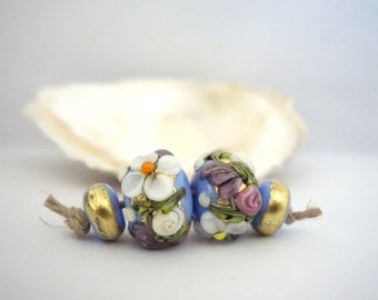 Golden Floral Bead Pair and 2 Spacers Handmade Lampwork