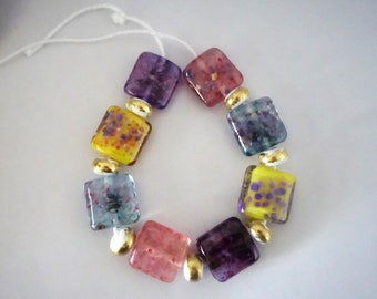 8 Pillow Beads and 7 Spacers Handmade Lampwork