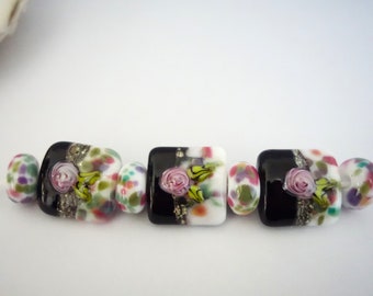 3 Tab Roses Beads and 4 Spacers Handmade Lampwork