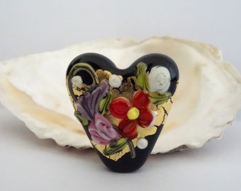 Golden Floral Heart Bead Handmade Lampwork