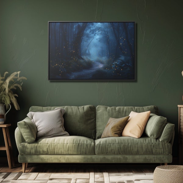 Firefly Path Painting, Lightning Bugs, Canvas Wall Art, Enchanted Forest, Earth Tones, Wooden Frame, Dark Forest Artwork