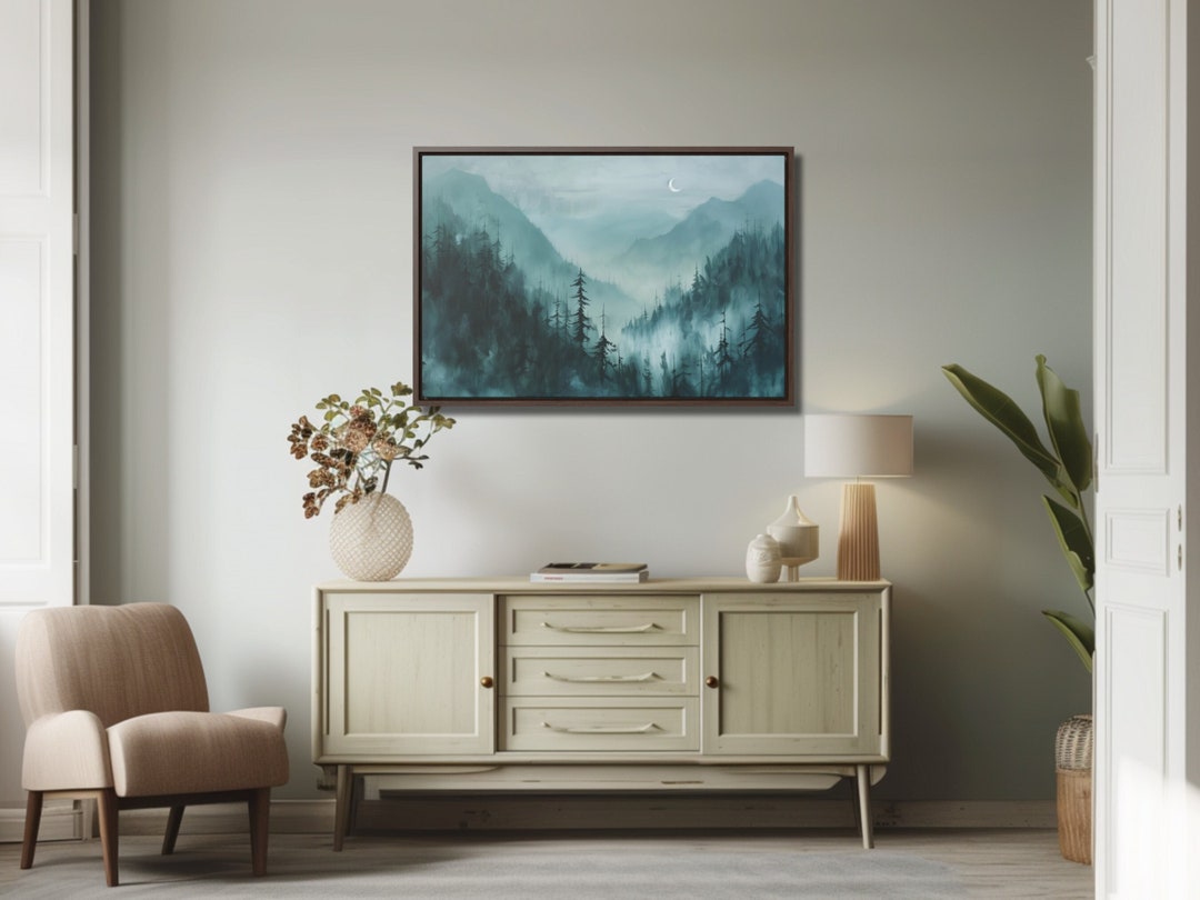 Artery8 Full Moon Over Misty Forest Black and White Photo Artwork Framed Wall Art Print 18X24 Inch