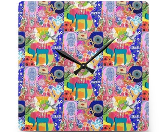 Am Israel Chai Acrylic Wall Clock Jewish Gift Collage Art Digital Art Gift Hamsa Star of David Evil Eye