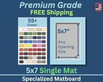 May include: A 5x7 inch single mat board with a 55+ color selection chart. The mat board is made in the USA and offers free shipping. The mat board can be customized to fit any opening size.