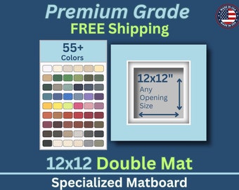 12x12 Custom Premium Double Matboard | 50+ Colors | Acid Free | 12x12 Matboard | Any Opening Size | White Core | Matte | Framing Matboard