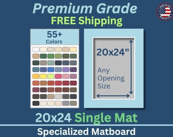 May include: A light blue matboard with a 20x24 inch opening, available in over 55 colors. The image also displays the text "Premium Grade" and "20x24 Single Mat".