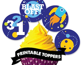 Rocket CUPCAKE TOPPER // Printable Birthday Party DIY Space Moon Ship Blast Off. Instant Download.