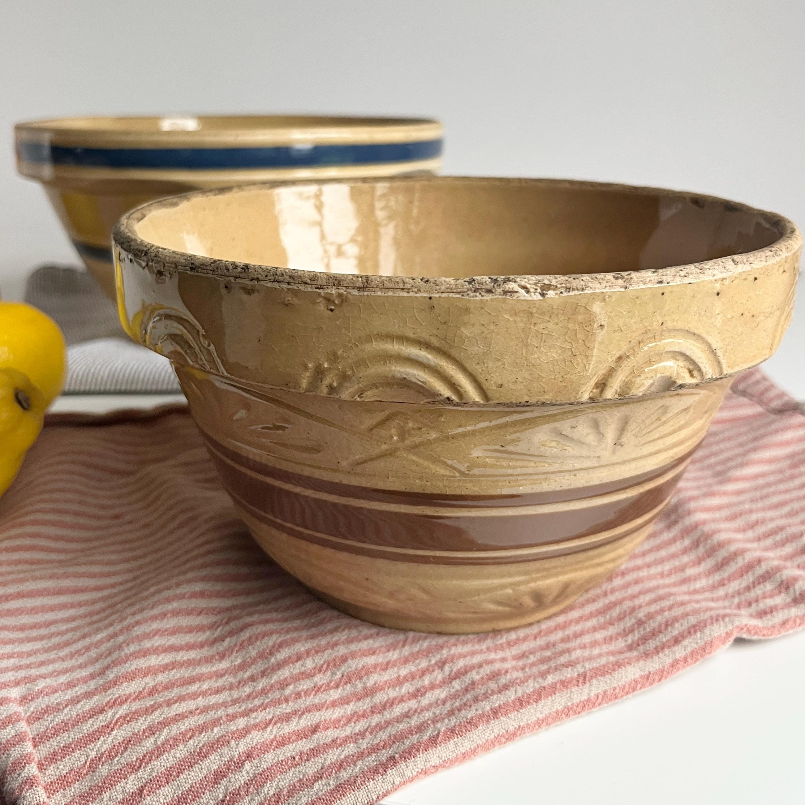 Vintage Roseville RRP Co Yellow Ware Mixing Bowl, Brown Band, 7