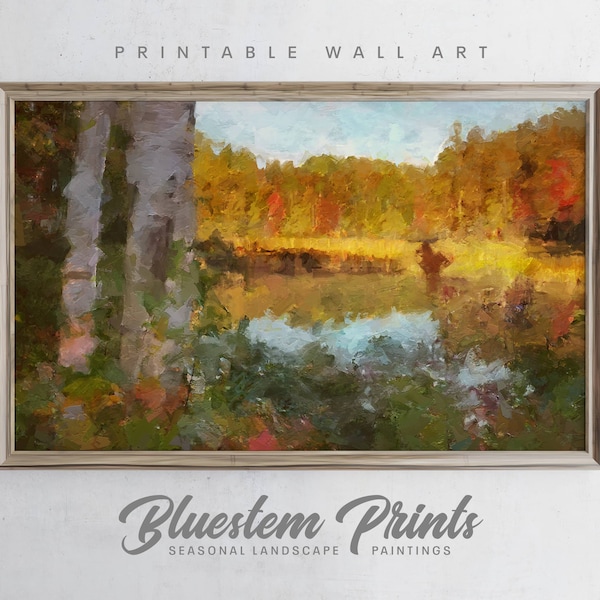 Autumn Pond Landscape Print | Printable Wall Art | Nature Painting | Digital Download Artwork | Impressionist Paint Style | Autumn | P017