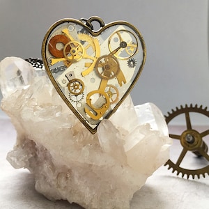 Steampunk Heart Pendant Necklace, Gold Mechanical Heart Watchparts Pendant Necklace