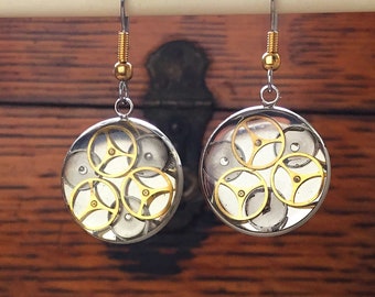 Silver Steampunk Dangle Earrings, Round Silver and Gold Watchparts in Resin Earrings