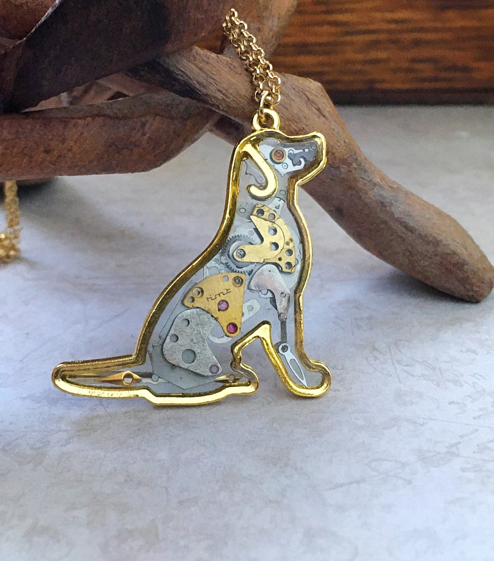 Watchparts Dog Resin Pendant Necklace Gold and Black Etsy