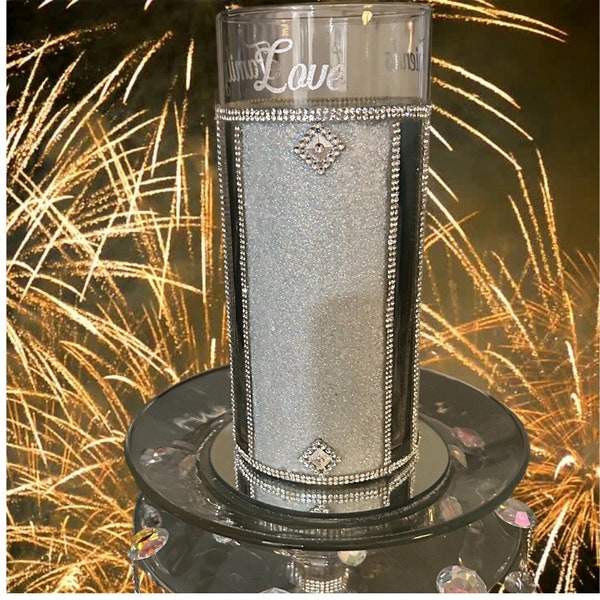 Sparkling Rhinestone and Glitter Candle Holder with a Glass Pedestal and Hanging Crystals