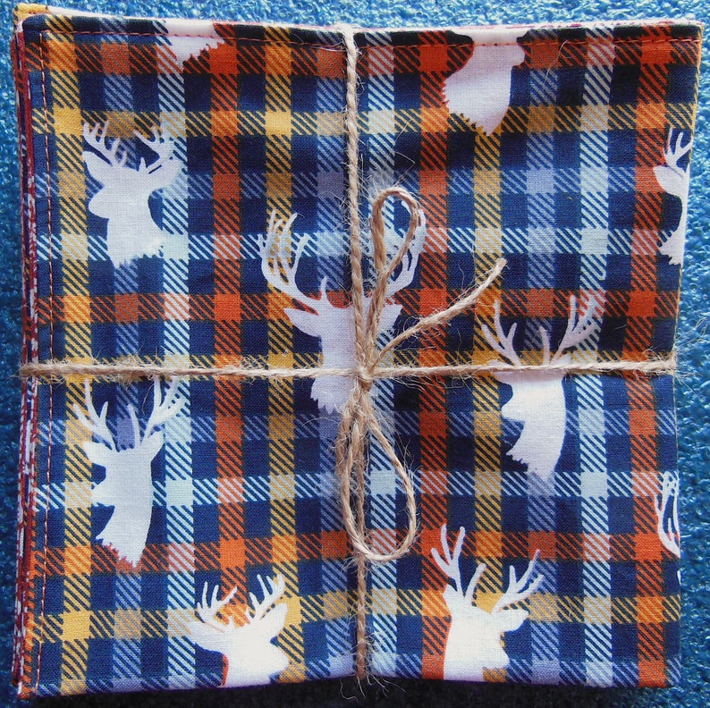 Stag Deer Head on Navy Plaid Reversible 12 Cloth Lunch Napkin Set image 2