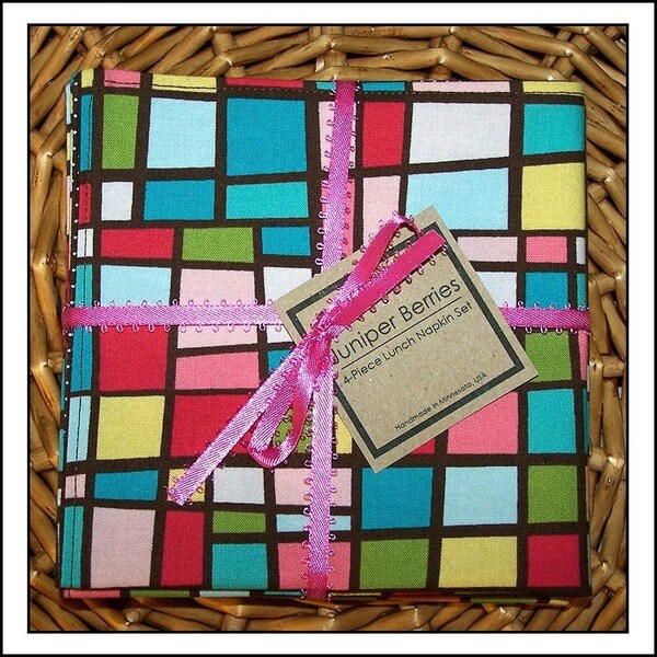 Retro Stained Glass Pair of Cloth Lunch Napkins - Primary Tones