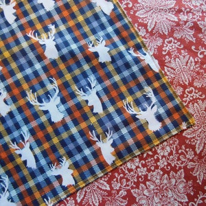 Stag Deer Head on Navy Plaid Reversible 12 Cloth Lunch Napkin Set image 1