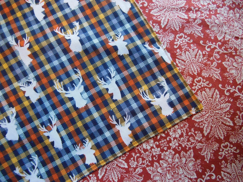 Stag Deer Head on Navy Plaid Reversible 12 Cloth Lunch Napkin Set image 1