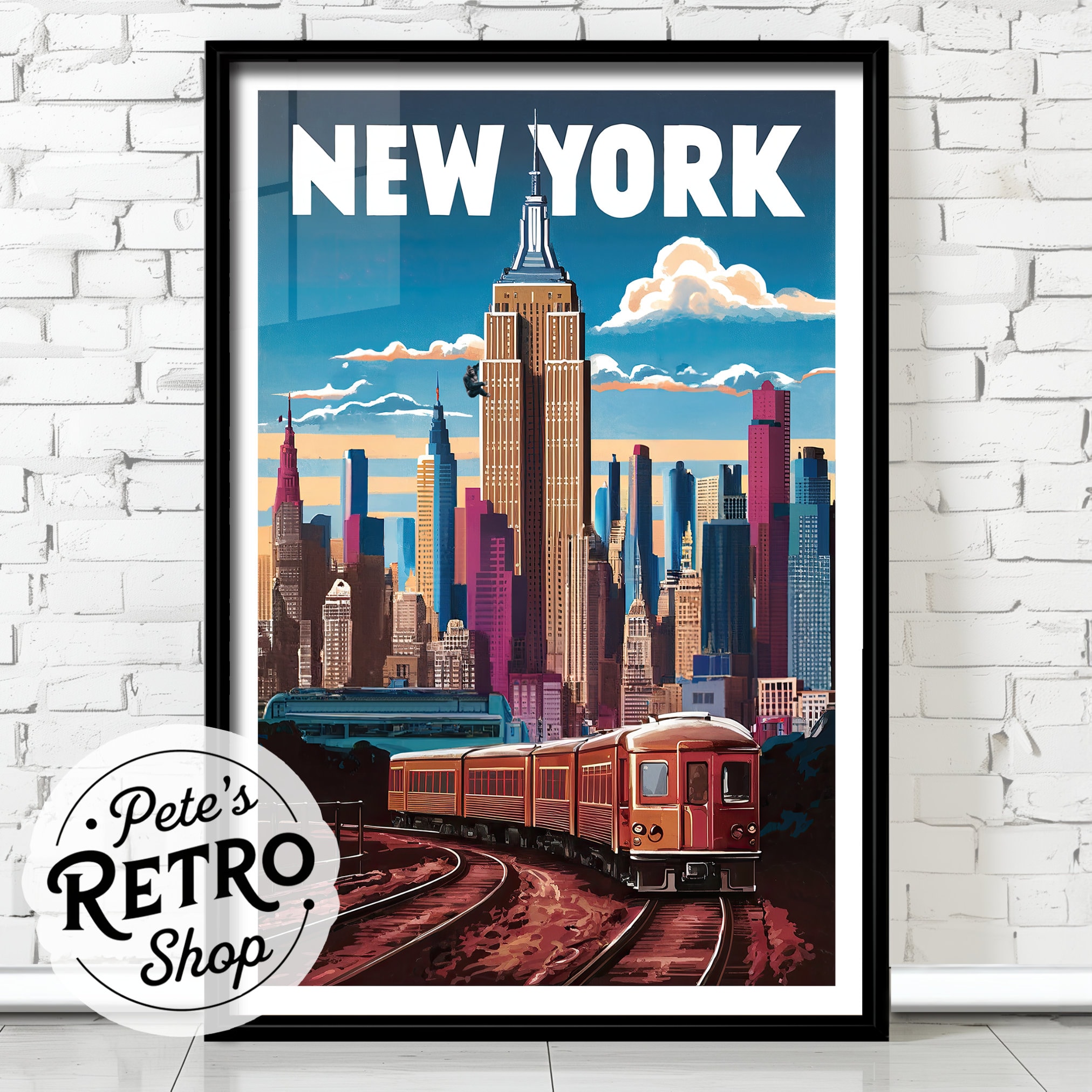 New York City Retro Travel Poster or Canvas. Empire State Building Painting, Vintage Midcentury Modern Wall Art. Unframed Framed Train Decor
