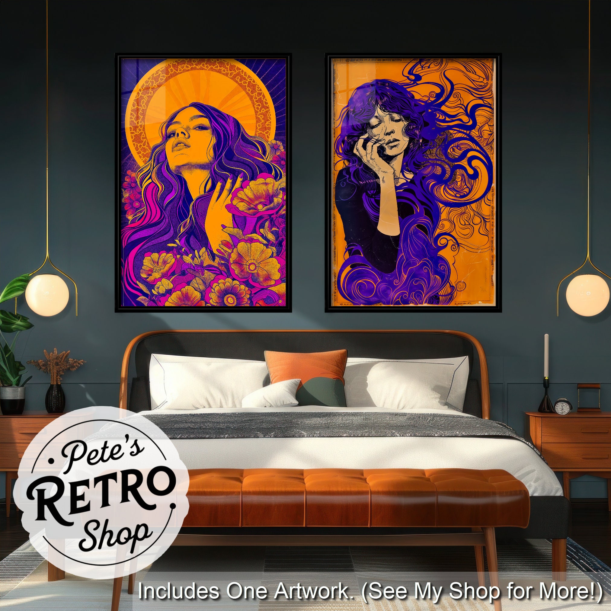 Psychedelic Hippy Girl Poster or Canvas. Vibrant Colorful 1960s
