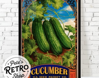 Vintage Cucumber Seed Packet Framed Poster or Canvas. Retro Kitchen Farmhouse Wall Decor. Old Rustic Garden Painting Illustration Green Blue